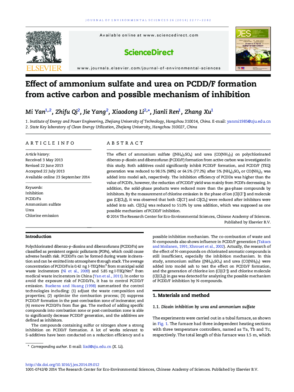 Effect of ammonium sulfate and urea on PCDD/F formation from active carbon and possible mechanism of inhibition