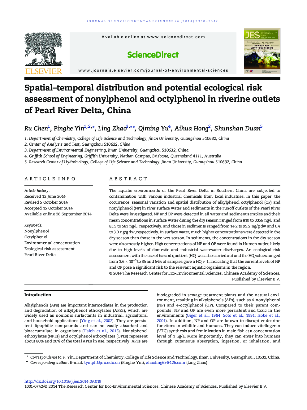 Spatial–temporal distribution and potential ecological risk assessment of nonylphenol and octylphenol in riverine outlets of Pearl River Delta, China