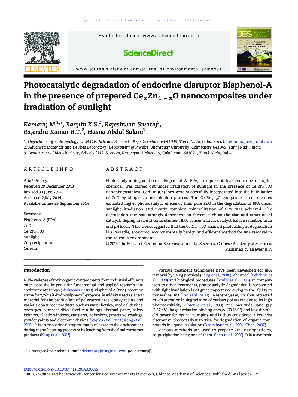 Photocatalytic degradation of endocrine disruptor Bisphenol-A in the presence of prepared CexZn1Â âÂ xO nanocomposites under irradiation of sunlight