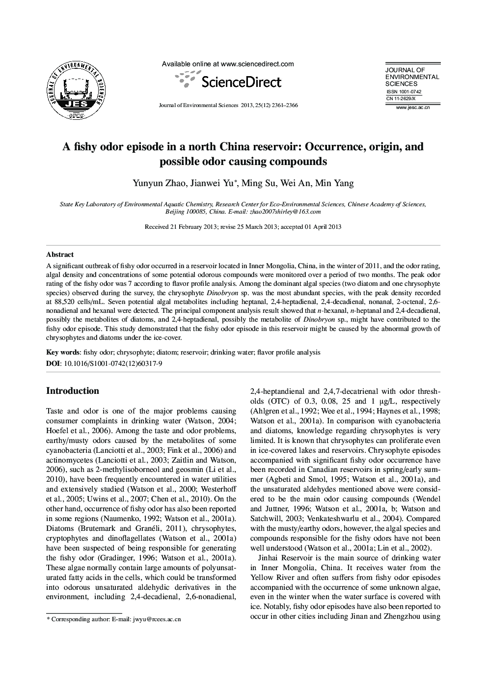 A fishy odor episode in a north China reservoir: Occurrence, origin, and possible odor causing compounds