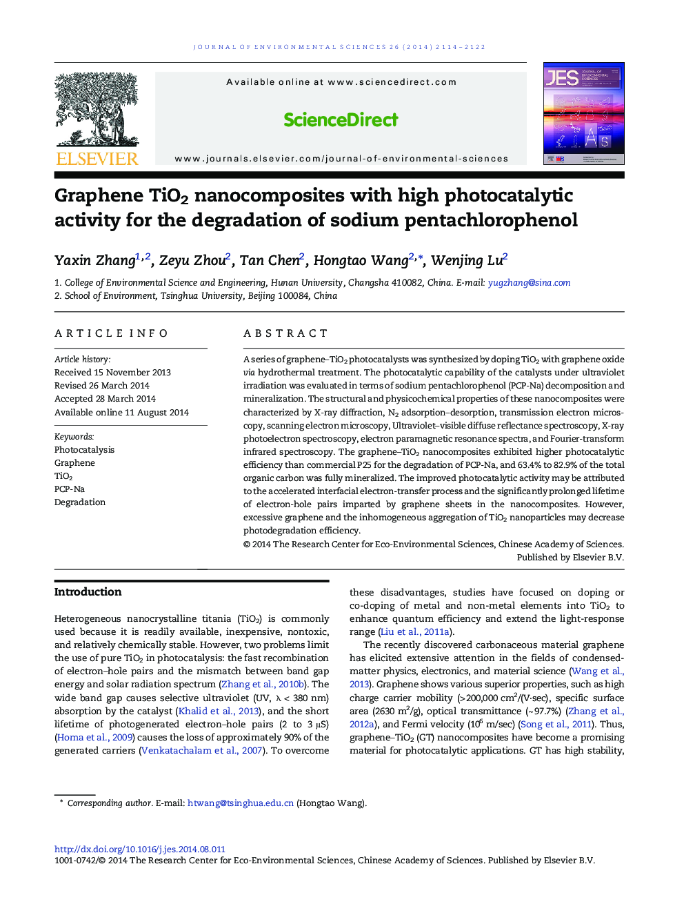 Graphene TiO2 nanocomposites with high photocatalytic activity for the degradation of sodium pentachlorophenol