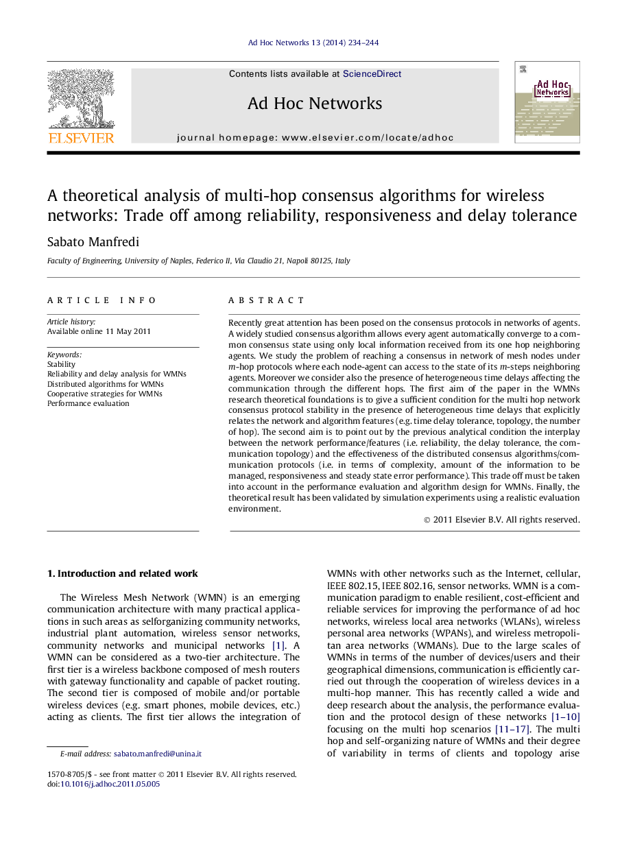 A theoretical analysis of multi-hop consensus algorithms for wireless networks: Trade off among reliability, responsiveness and delay tolerance