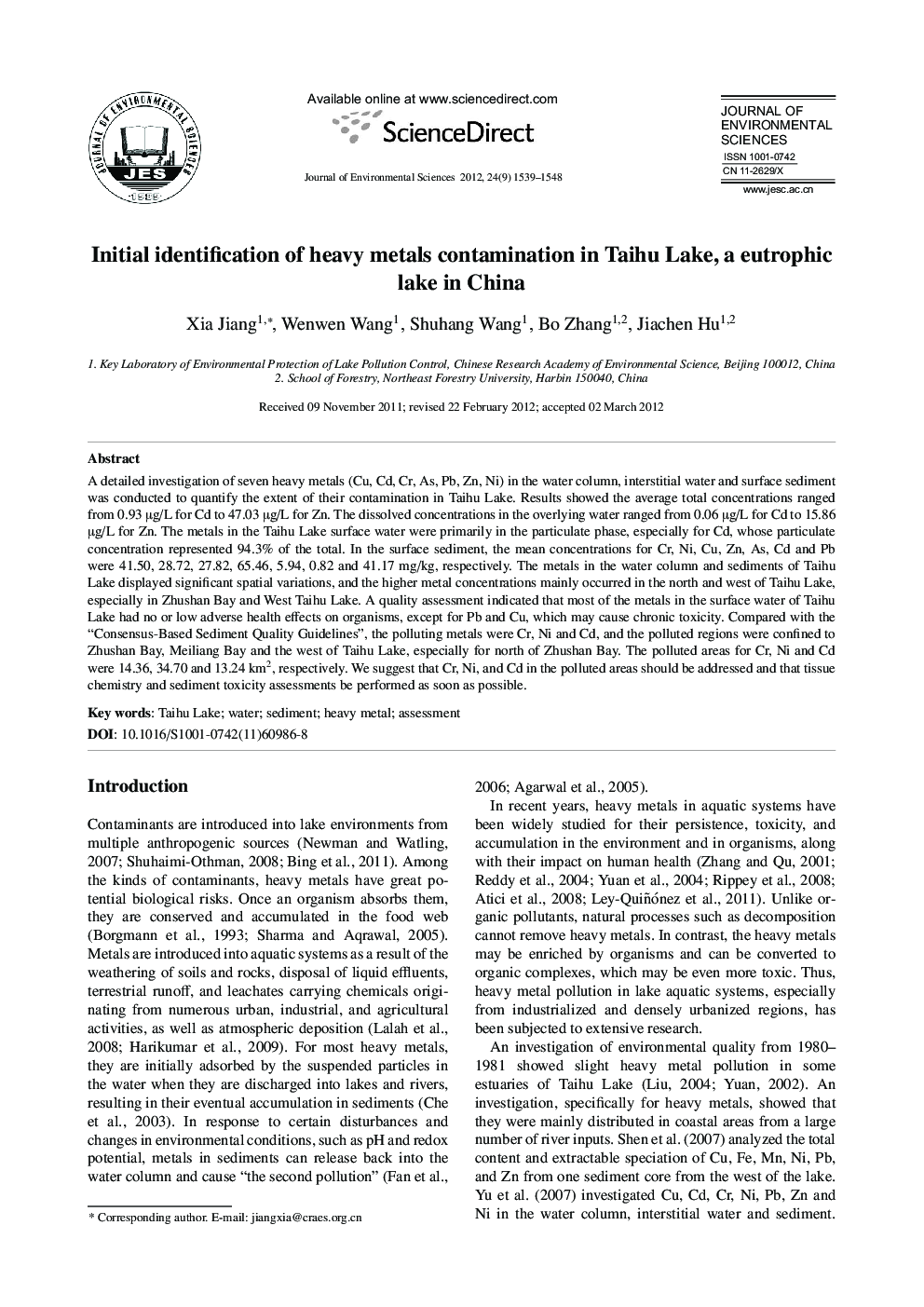Initial identification of heavy metals contamination in Taihu Lake, a eutrophic lake in China