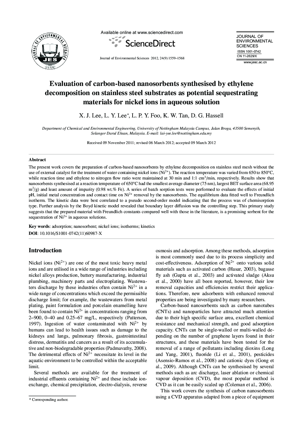 Evaluation of carbon-based nanosorbents synthesised by ethylene decomposition on stainless steel substrates as potential sequestrating materials for nickel ions in aqueous solution