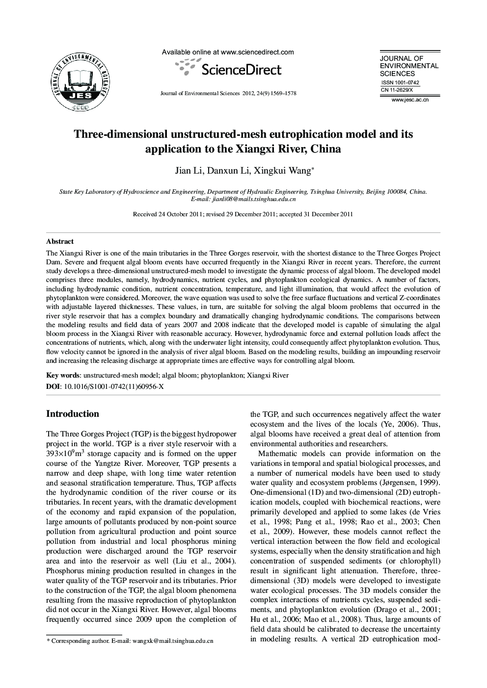 عکس صفحه اول مقاله: Three-dimensional unstructured-mesh eutrophication model and its application to the Xiangxi River, China Three-dimensional unstructured-mesh eutrophication model and its application to the Xiangxi River, China