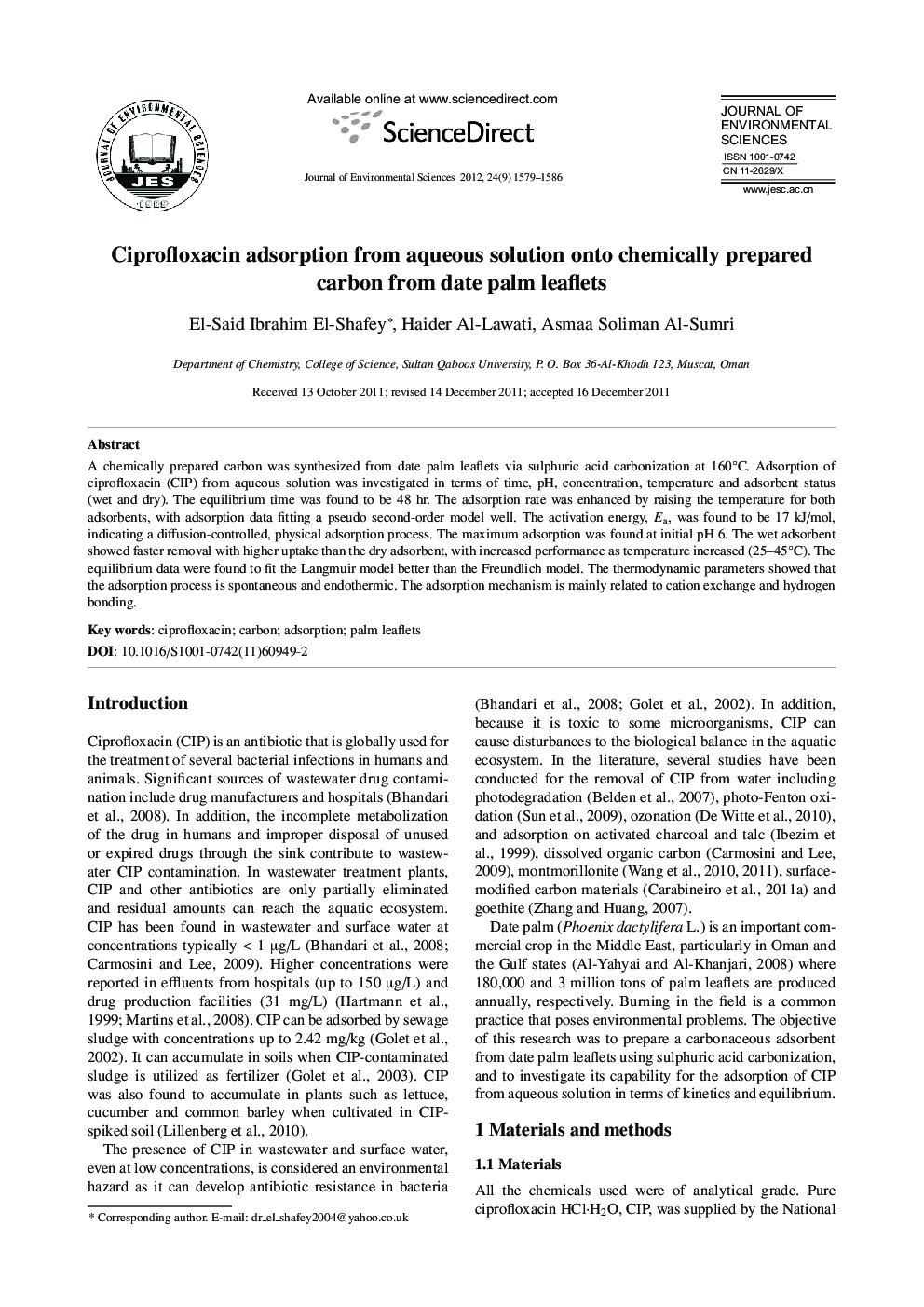 Ciprofloxacin adsorption from aqueous solution onto chemically prepared carbon from date palm leaflets