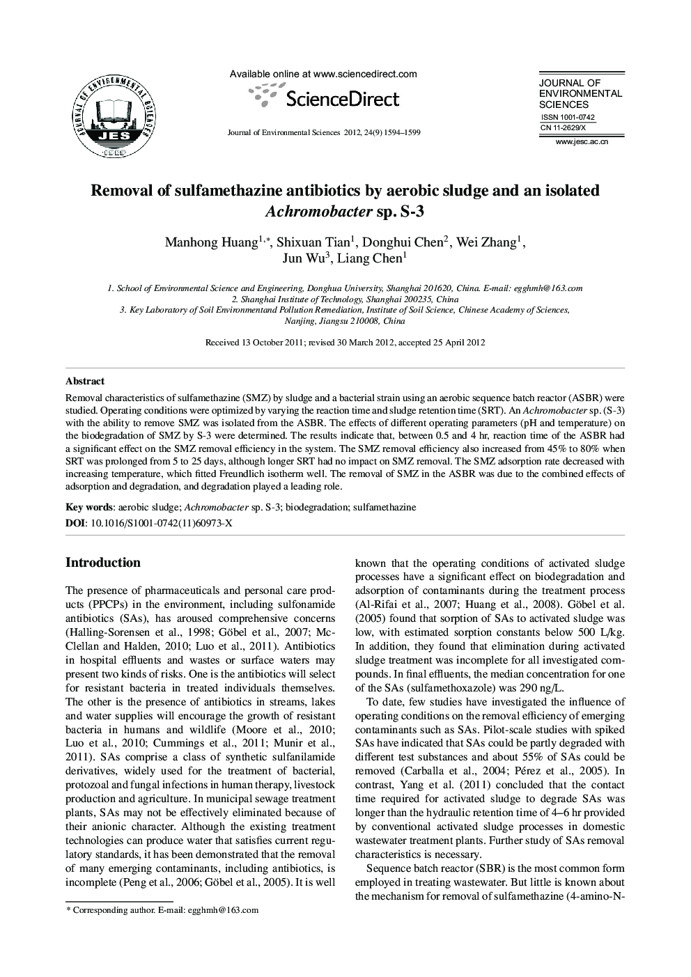 Removal of sulfamethazine antibiotics by aerobic sludge and an isolated Achromobacter sp. S-3
