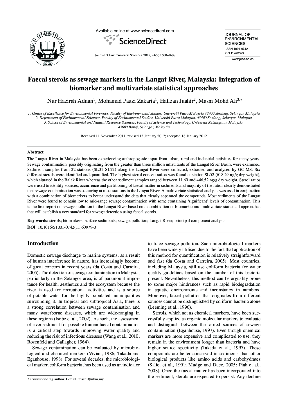 Faecal sterols as sewage markers in the Langat River, Malaysia: Integration of biomarker and multivariate statistical approaches