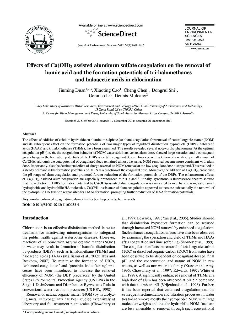 عکس صفحه اول مقاله: Effects of Ca(OH)2 assisted aluminum sulfate coagulation on the removal of humic acid and the formation potentials of tri-halomethanes and haloacetic acids in chlorination Effects of Ca(OH)2 assisted aluminum sulfate coagulation on the removal of humic acid and the formation potentials of tri-halomethanes and haloacetic acids in chlorination