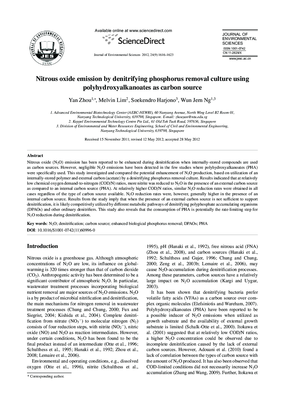 عکس صفحه اول مقاله: Nitrous oxide emission by denitrifying phosphorus removal culture using polyhydroxyalkanoates as carbon source Nitrous oxide emission by denitrifying phosphorus removal culture using polyhydroxyalkanoates as carbon source