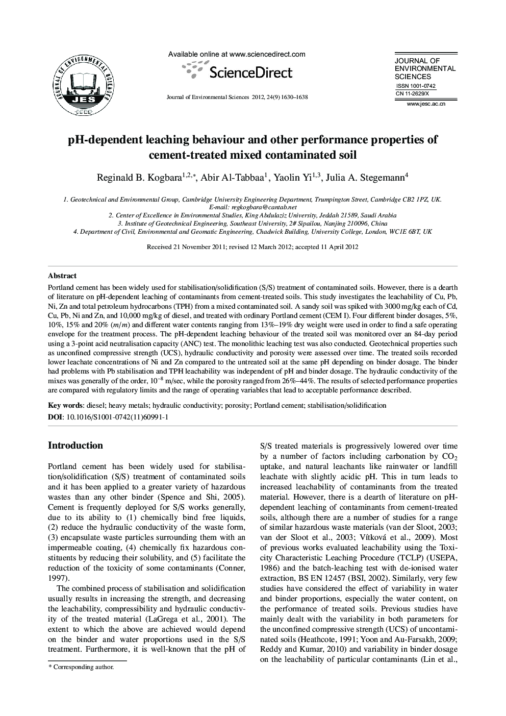 عکس صفحه اول مقاله: pH-dependent leaching behaviour and other performance properties of cement-treated mixed contaminated soil pH-dependent leaching behaviour and other performance properties of cement-treated mixed contaminated soil