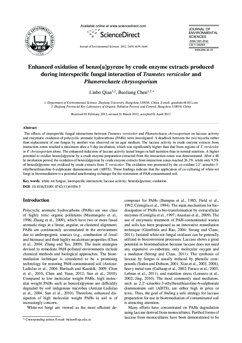 Enhanced oxidation of benzo[a]pyrene by crude enzyme extracts produced during interspecific fungal interaction of Trametes versicolor and Phanerochaete chrysosporium