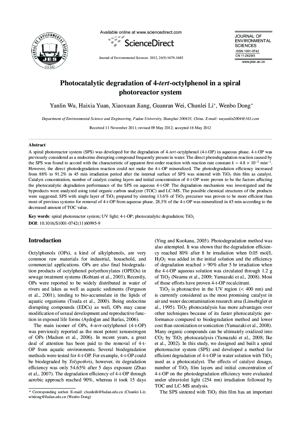 عکس صفحه اول مقاله: Photocatalytic degradation of 4-tert-octylphenol in a spiral photoreactor system Photocatalytic degradation of 4-tert-octylphenol in a spiral photoreactor system