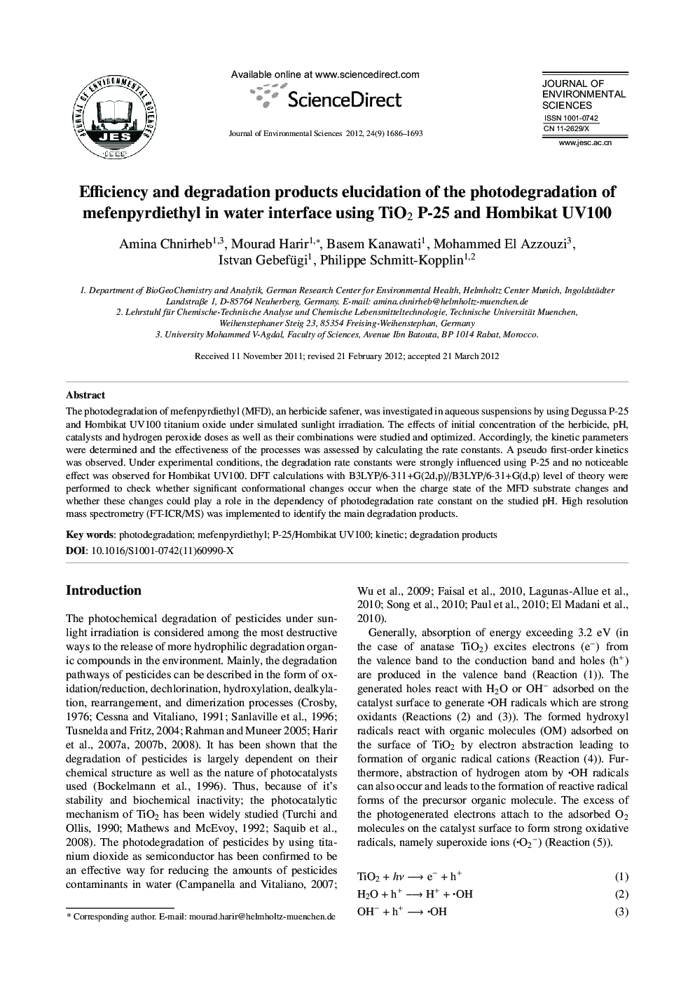 عکس صفحه اول مقاله: Efficiency and degradation products elucidation of the photodegradation of mefenpyrdiethyl in water interface using TiO2 P-25 and Hombikat UV100 Efficiency and degradation products elucidation of the photodegradation of mefenpyrdiethyl in water interface using TiO2 P-25 and Hombikat UV100