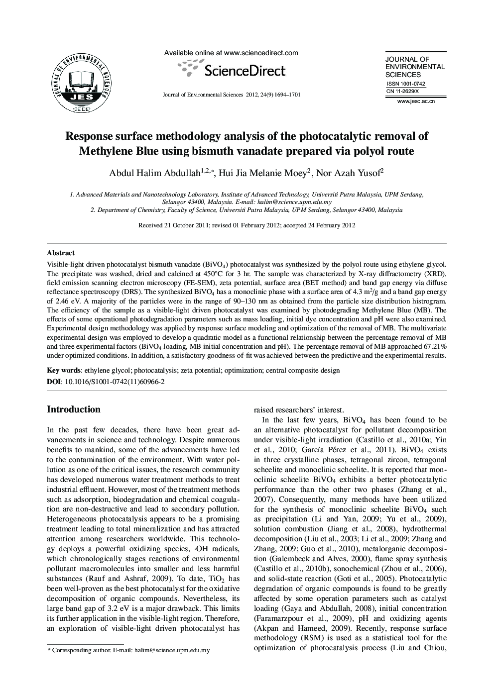 Response surface methodology analysis of the photocatalytic removal of Methylene Blue using bismuth vanadate prepared via polyol route