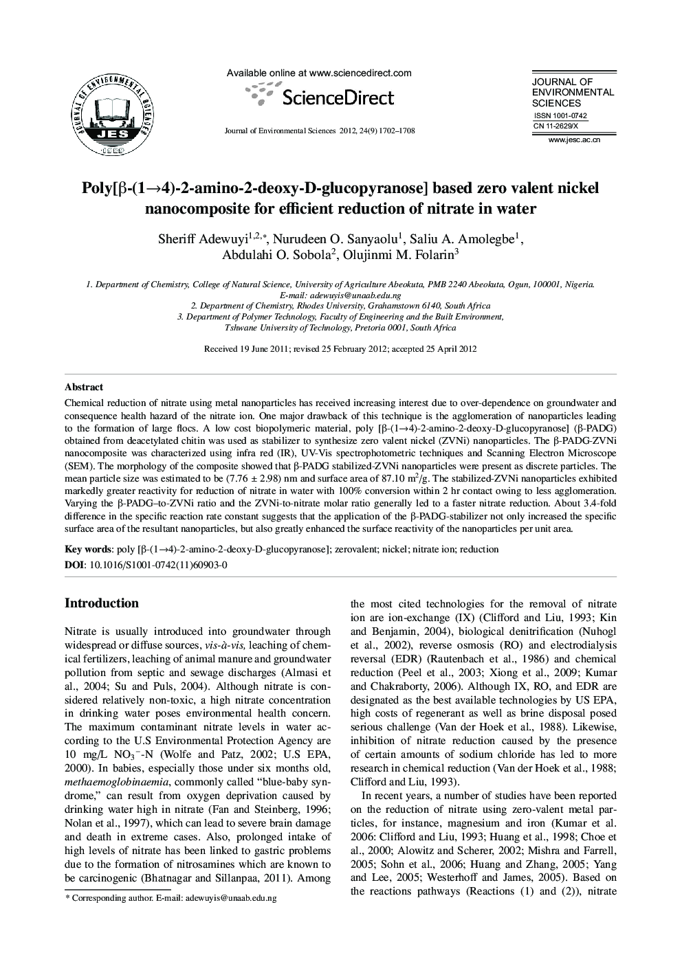 Poly[β-(1→4)-2-amino-2-deoxy-D-ghicopyranose] based zero valent nickel nanocomposite for efficient reduction of nitrate in water