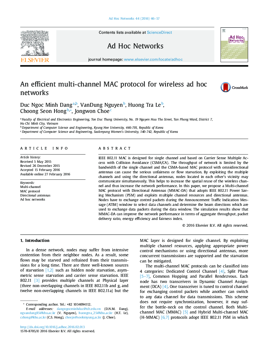 An efficient multi-channel MAC protocol for wireless ad hoc networks