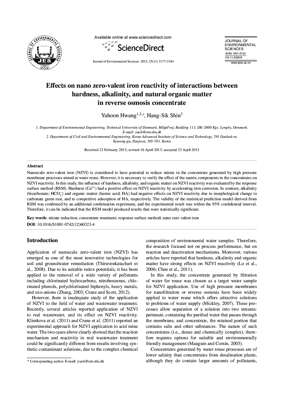Effects on nano zero-valent iron reactivity of interactions between hardness, alkalinity, and natural organic matter in reverse osmosis concentrate