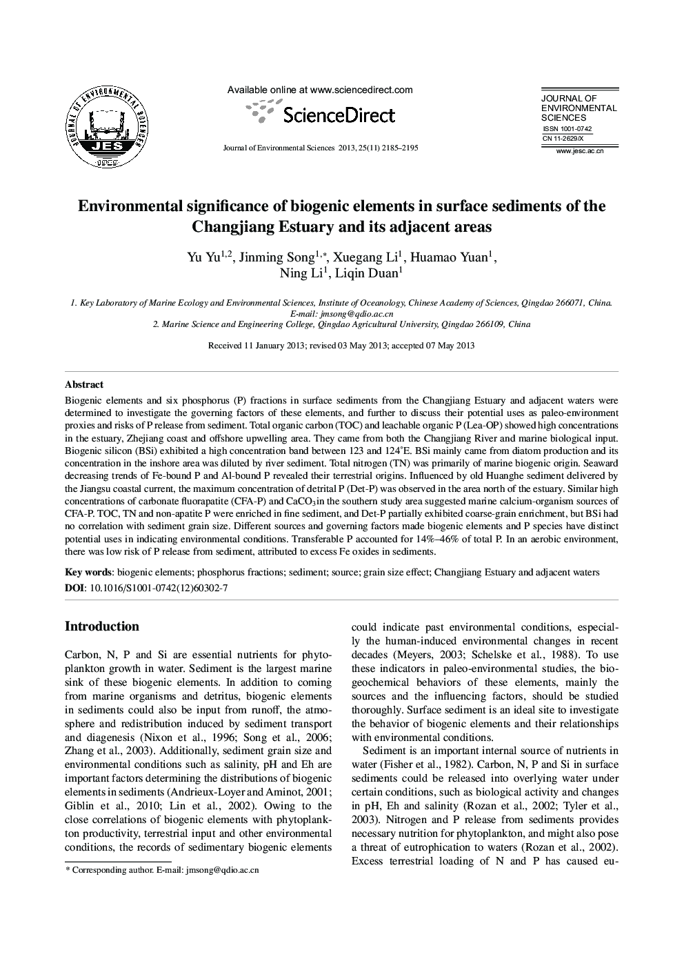 Environmental significance of biogenic elements in surface sediments of the Changjiang Estuary and its adjacent areas
