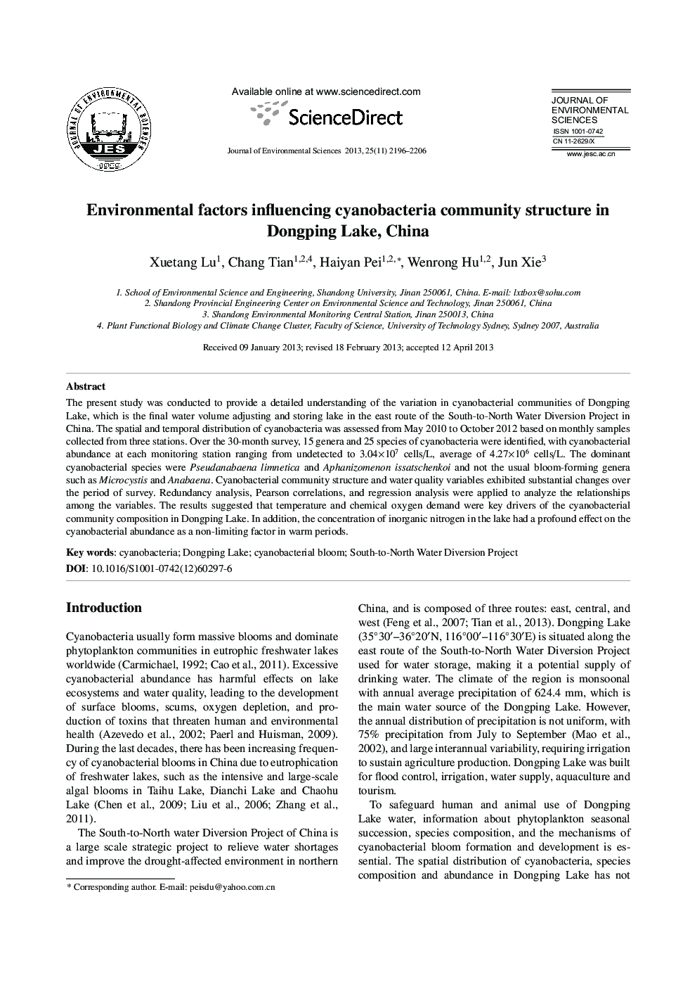 Environmental factors influencing cyanobacteria community structure in Dongping Lake, China
