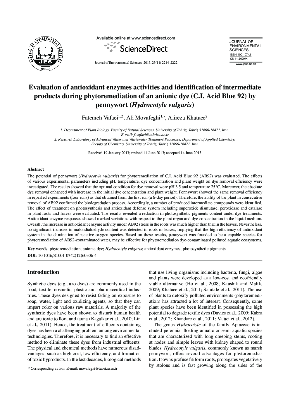 Evaluation of antioxidant enzymes activities and identification of intermediate products during phytoremediation of an anionic dye (C.I. Acid Blue 92) by pennywort (Hydrocotyle vulgaris)