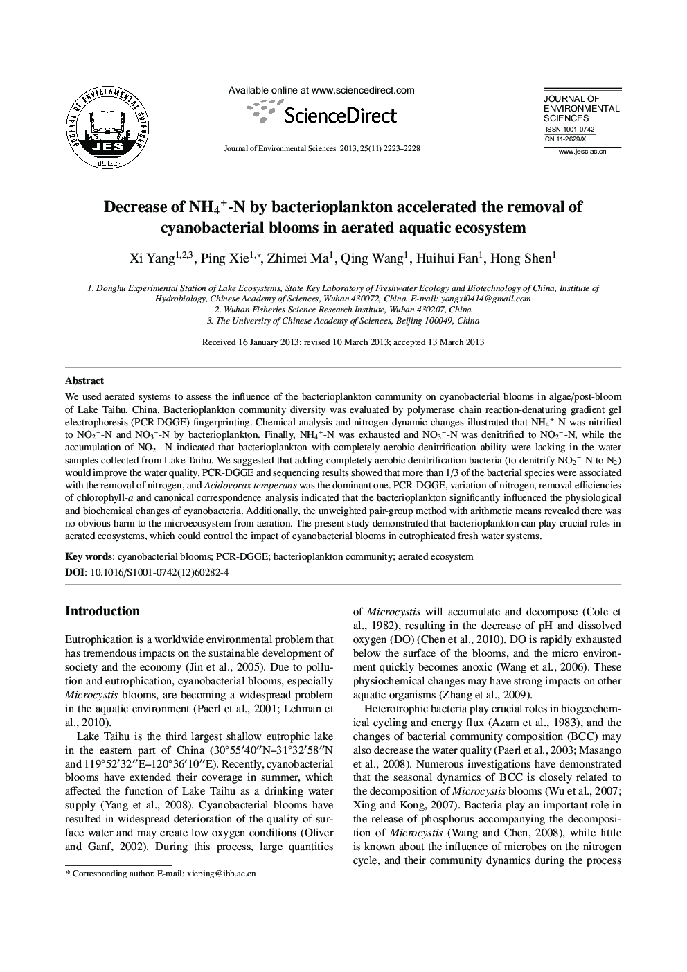 Decrease of NH4+-N by bacterioplankton accelerated the removal of cyanobacterial blooms in aerated aquatic ecosystem