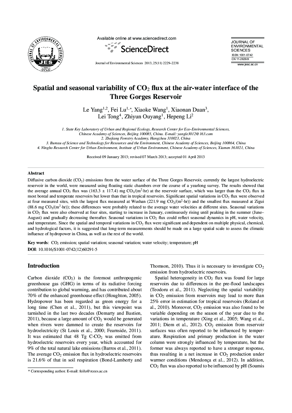 Spatial and seasonal variability of CO2 flux at the air-water interface of the Three Gorges Reservoir