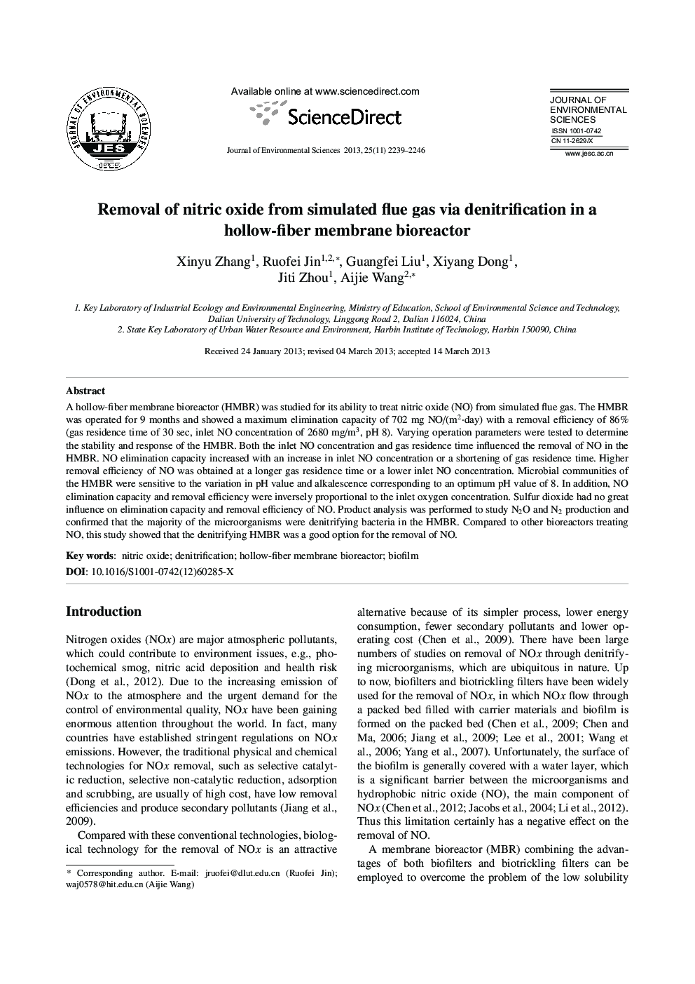 Removal of nitric oxide from simulated flue gas via denitrification in a hollow-fiber membrane bioreactor