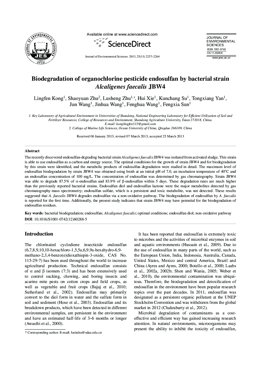 Biodegradation of organochlorine pesticide endosulfan by bacterial strain Alcaligenes faecalis JBW4