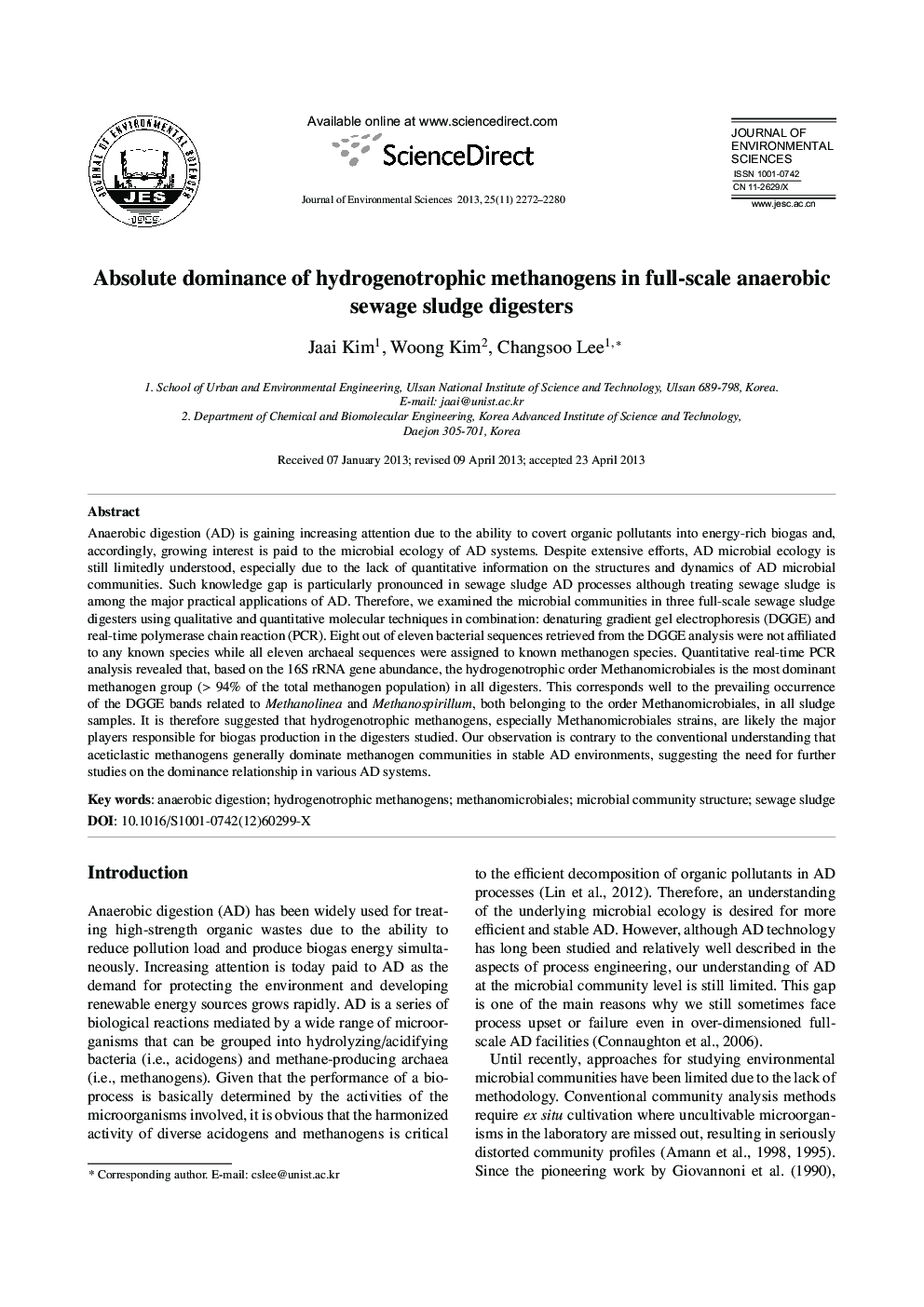 Absolute dominance of hydrogenotrophic methanogens in full-scale anaerobic sewage sludge digesters