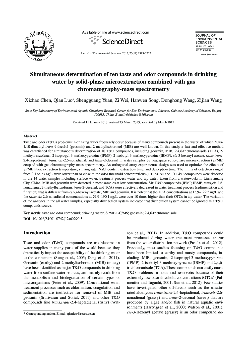 Simultaneous determination of ten taste and odor compounds in drinking water by solid-phase microextraction combined with gas chromatography-mass spectrometry