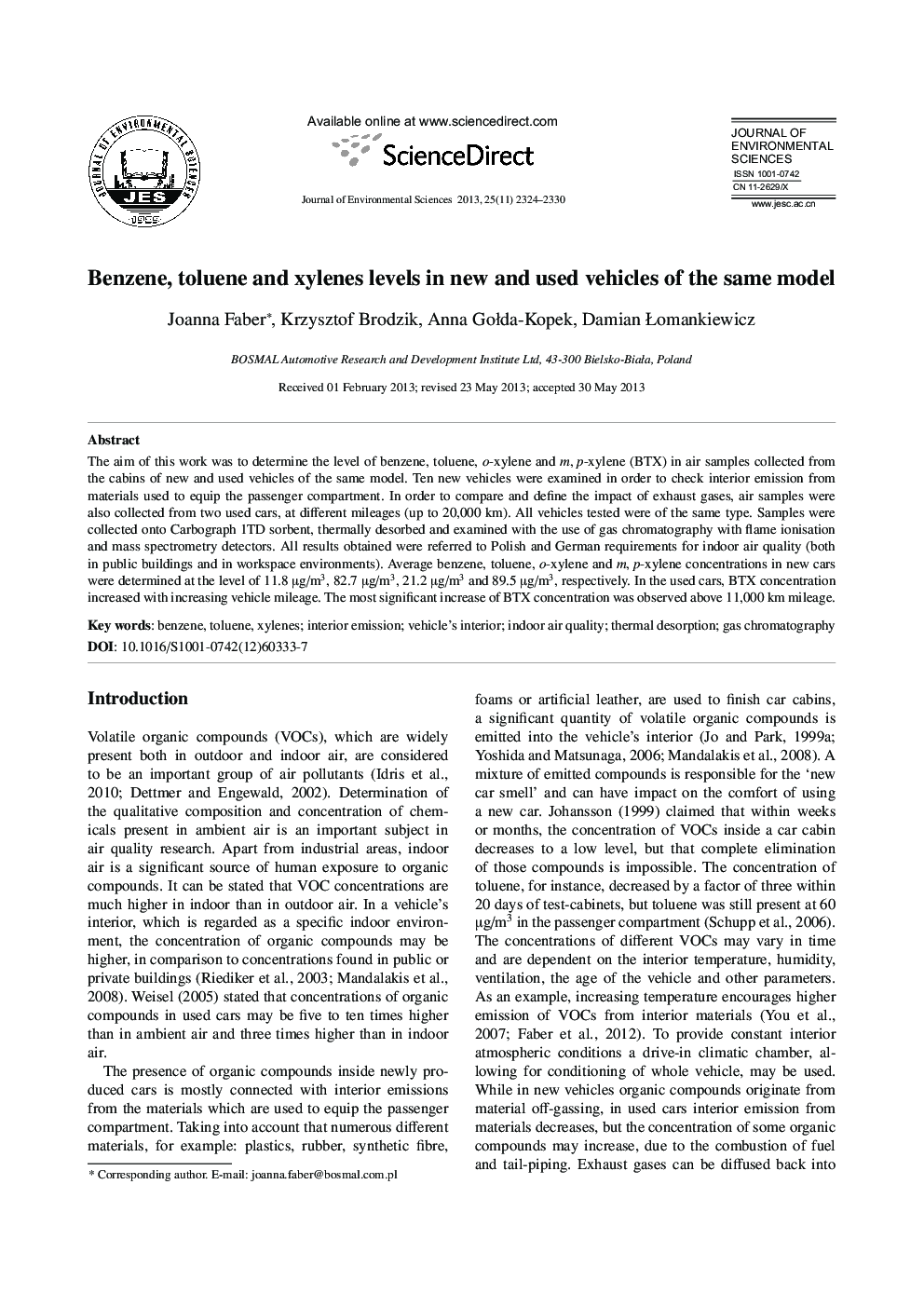 Benzene, toluene and xylenes levels in new and used vehicles of the same model
