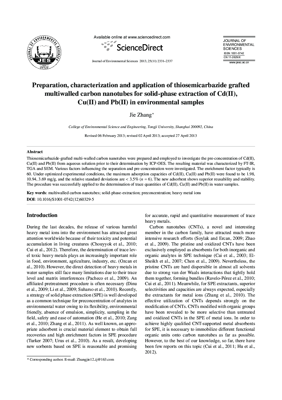 Preparation, characterization and application of thiosemicarbazide grafted multiwalled carbon nanotubes for solid-phase extraction of Cd(II), Cu(II) and Pb(II) in environmental samples
