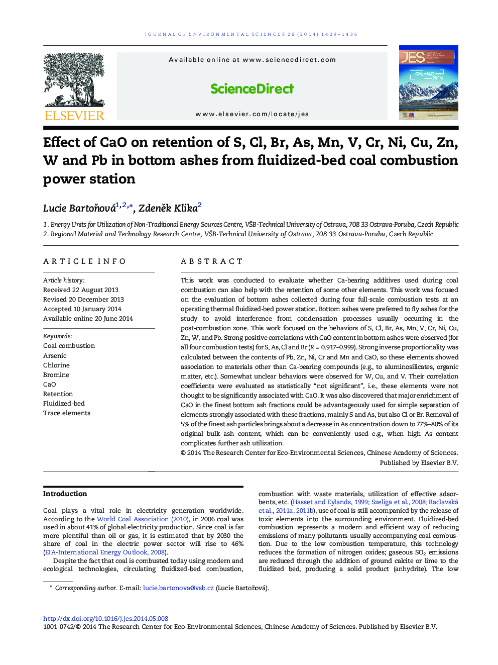 Effect of CaO on retention of S, Cl, Br, As, Mn, V, Cr, Ni, Cu, Zn, W and Pb in bottom ashes from fluidized-bed coal combustion power station