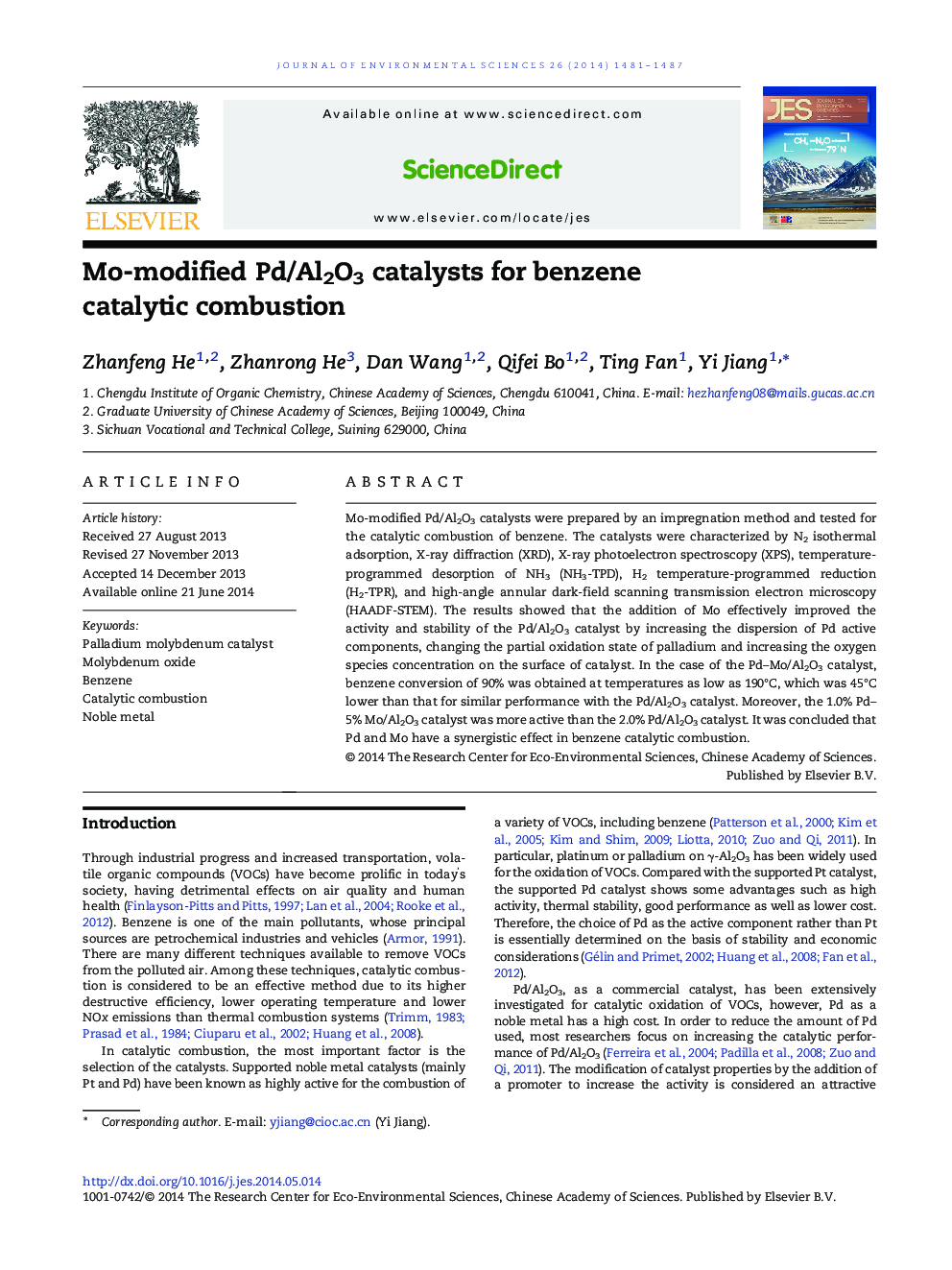 Mo-modified Pd/Al2O3 catalysts for benzene catalytic combustion