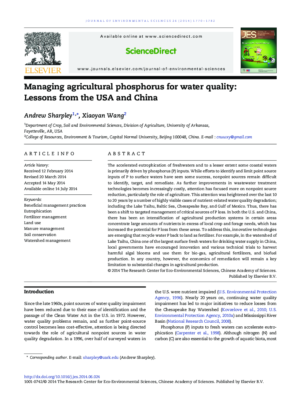Managing agricultural phosphorus for water quality: Lessons from the USA and China