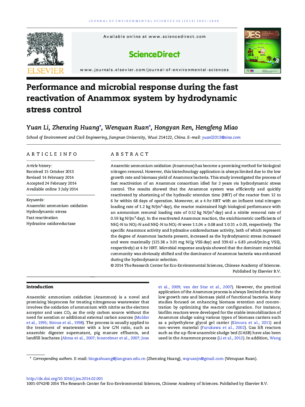 Performance and microbial response during the fast reactivation of Anammox system by hydrodynamic stress control