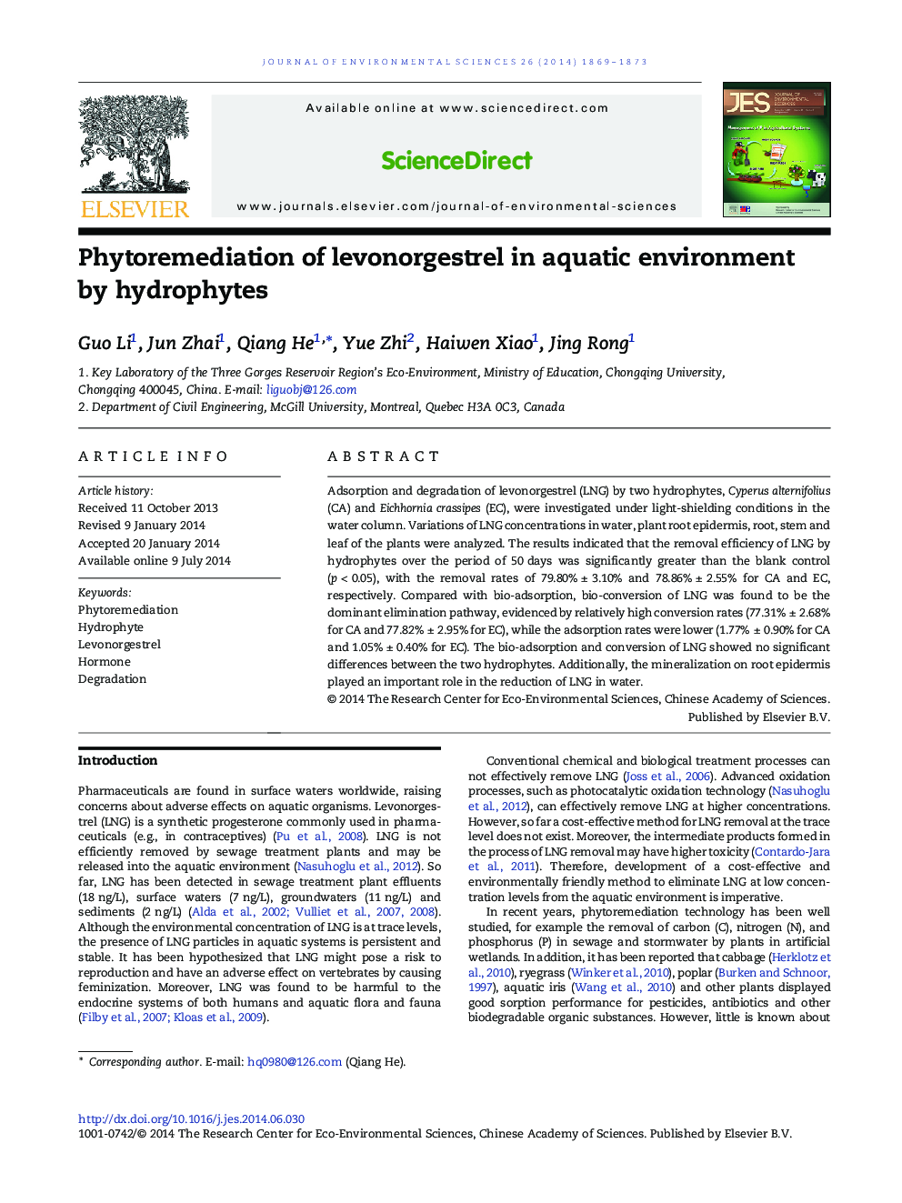 Phytoremediation of levonorgestrel in aquatic environment by hydrophytes