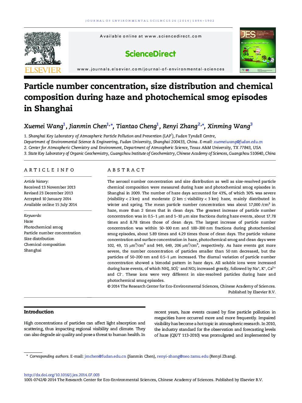 Particle number concentration, size distribution and chemical composition during haze and photochemical smog episodes in Shanghai