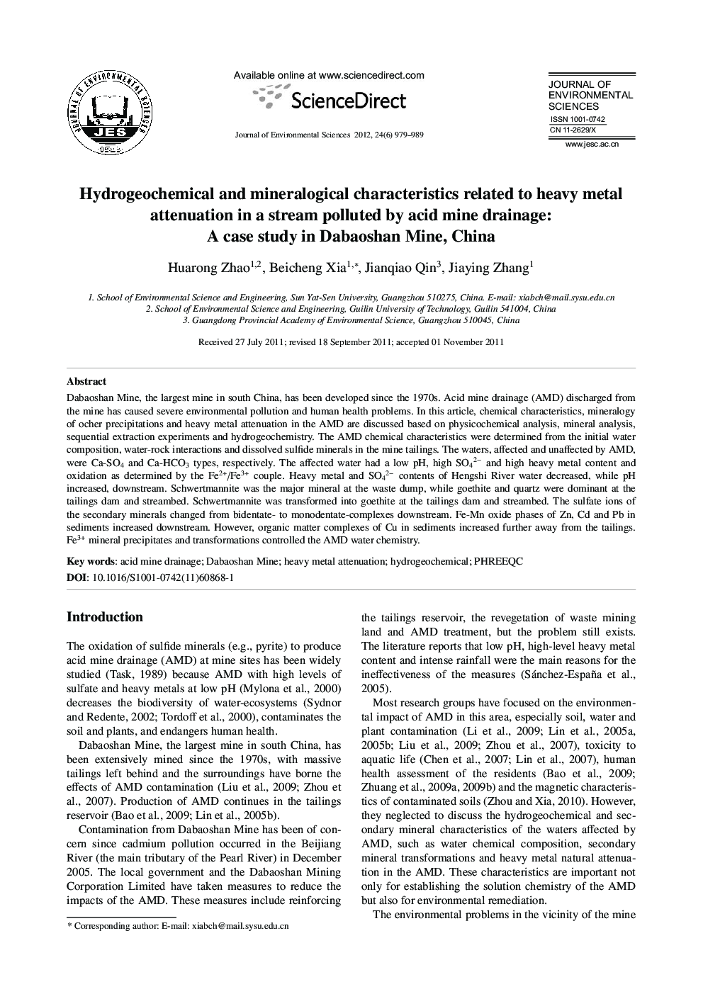 Hydrogeochemical and mineralogical characteristics related to heavy metal attenuation in a stream polluted by acid mine drainage: A case study in Dabaoshan Mine, China