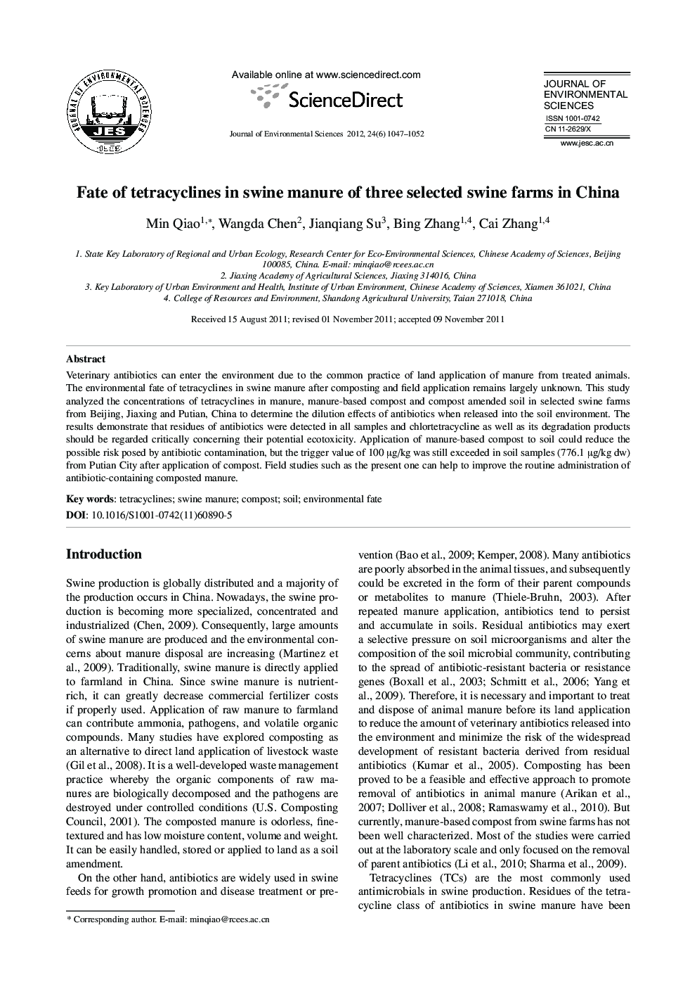 Fate of tetracyclines in swine manure of three selected swine farms in China