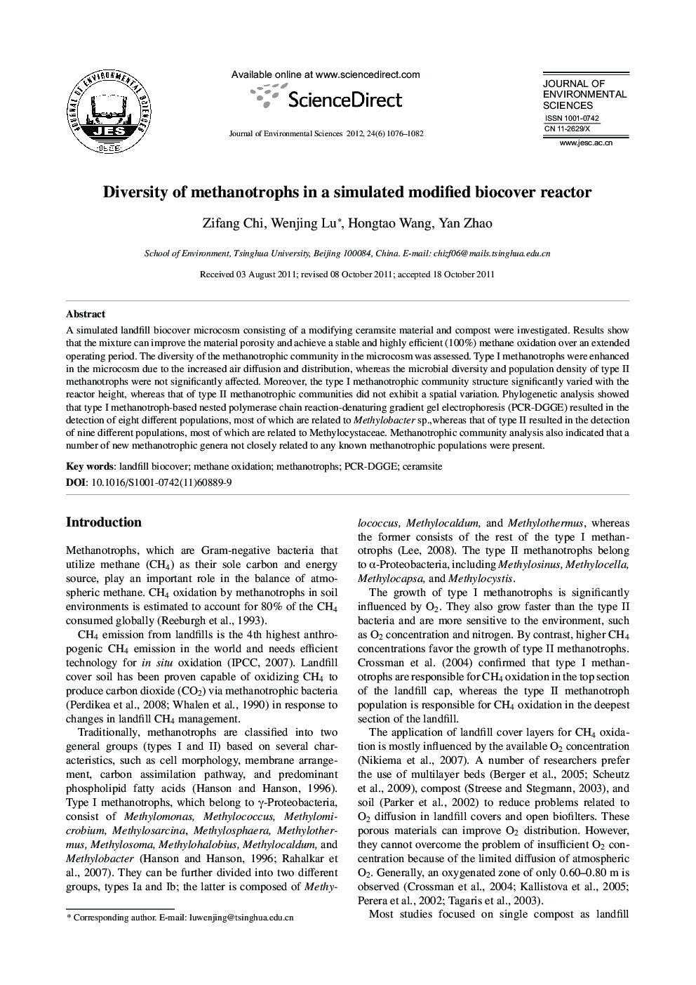 Diversity of methanotrophs in a simulated modified biocover reactor