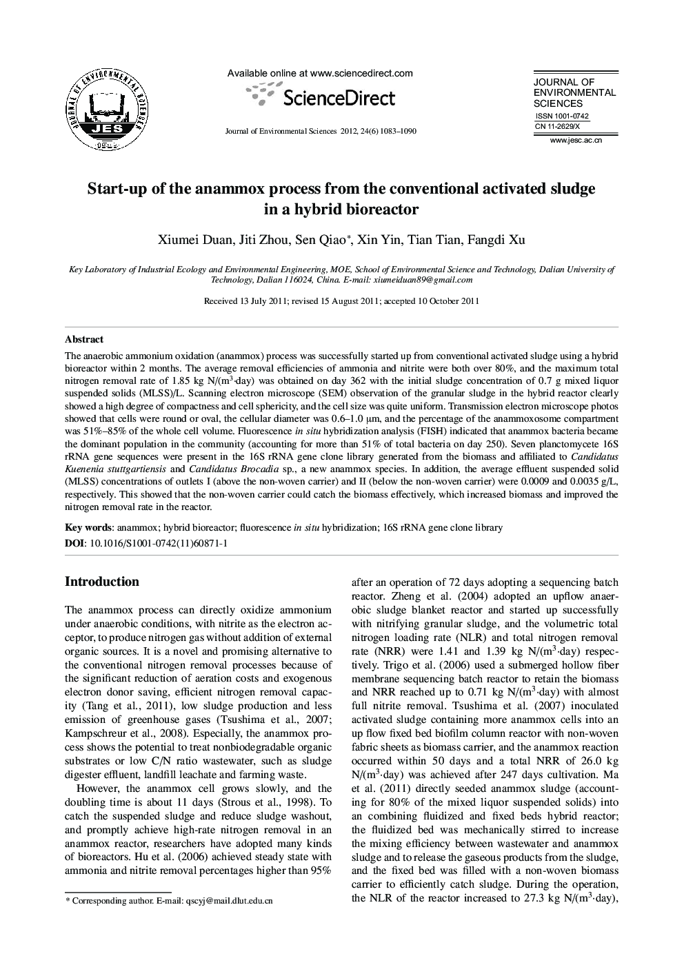 Start-up of the anammox process from the conventional activated sludge in a hybrid bioreactor