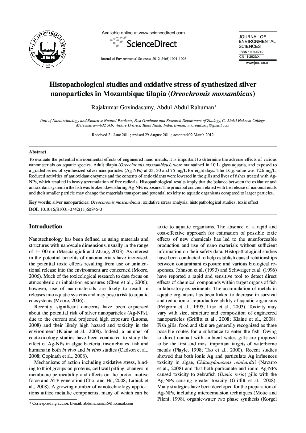 عکس صفحه اول مقاله: Histopathological studies and oxidative stress of synthesized silver nanoparticles in Mozambique tilapia (Oreochromis mossambicus) Histopathological studies and oxidative stress of synthesized silver nanoparticles in Mozambique tilapia (Oreochromis mossambicus)