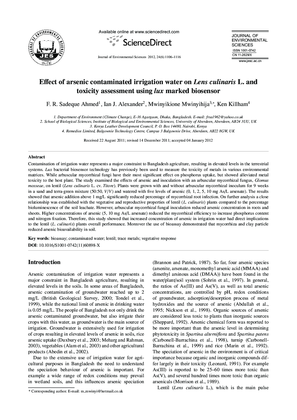 Effect of arsenic contaminated irrigation water on Lens culinaris L. and toxicity assessment using lux marked biosensor