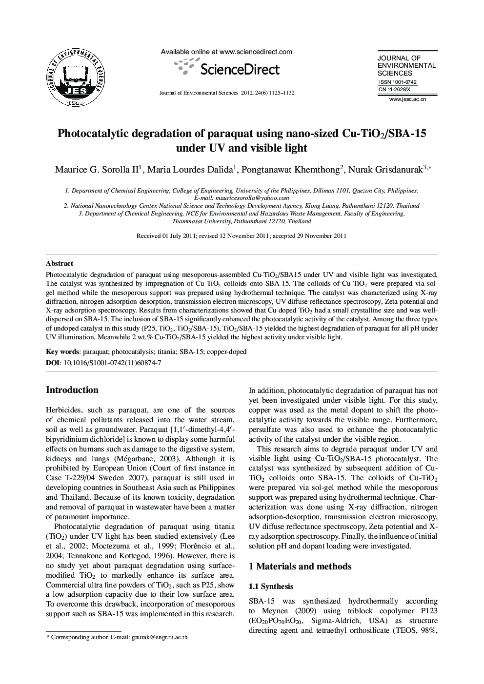 Photocatalytic degradation of paraquat using nano-sized Cu-TiO2/SBA-15 under UV and visible light