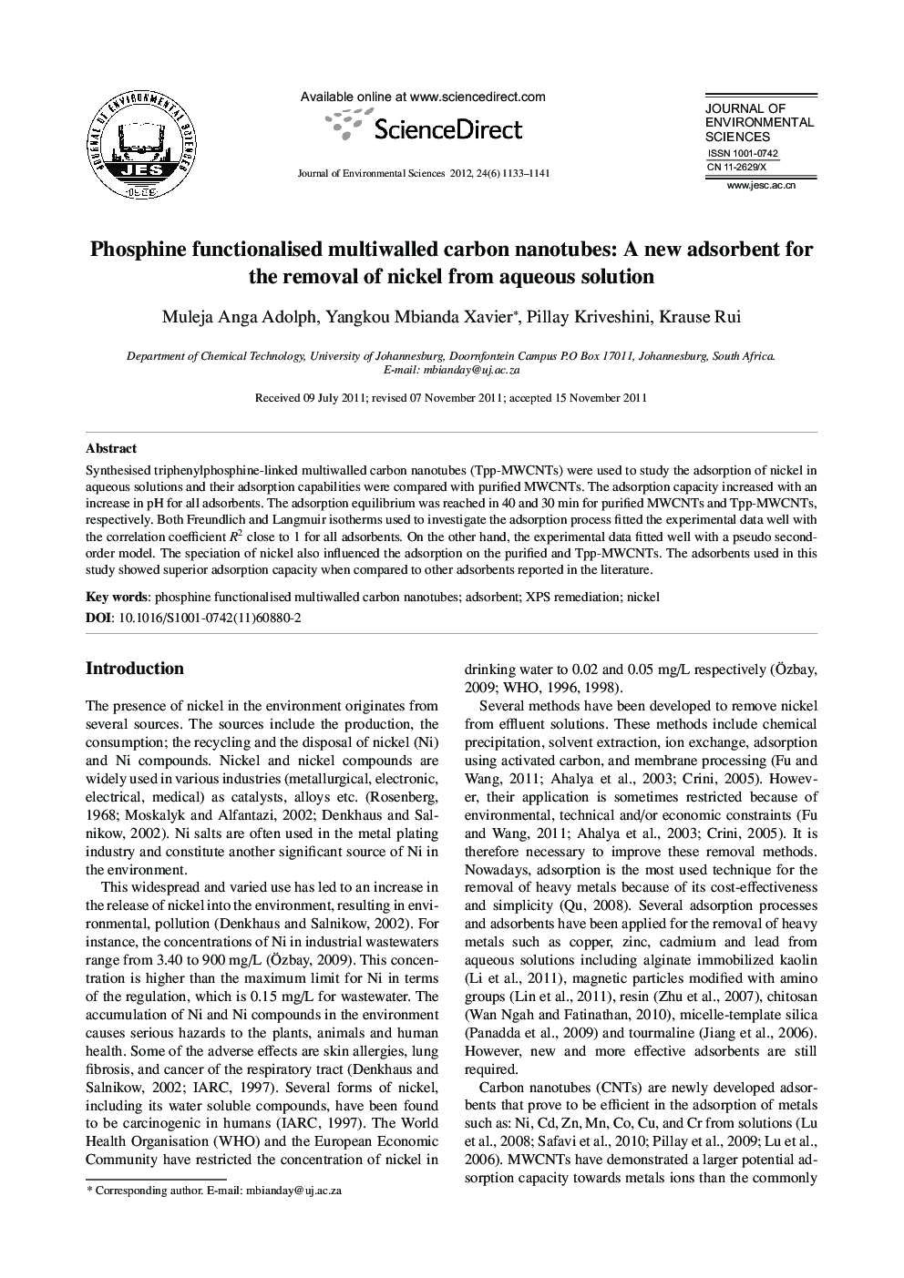 Phosphine functionalised multiwalled carbon nanotubes: A new adsorbent for the removal of nickel from aqueous solution