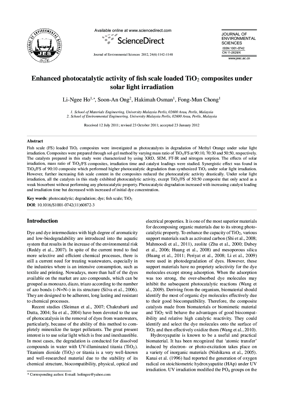 Enhanced photocatalytic activity of fish scale loaded TiO2 composites under solar light irradiation