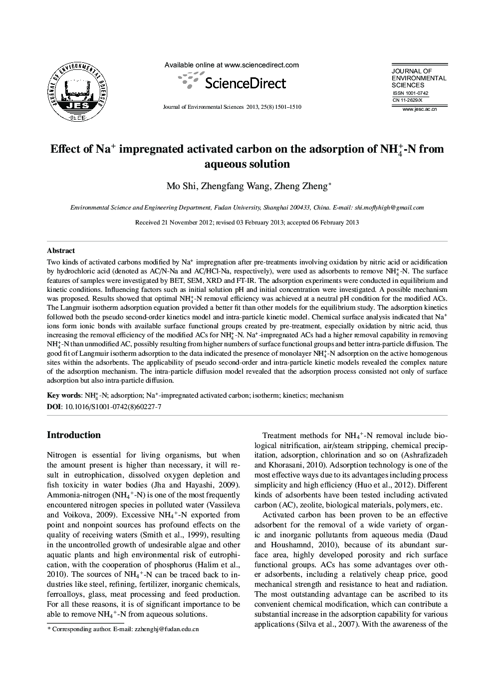 Effect of Na+ impregnated activated carbon on the adsorption of NH+4-N from aqueous solution