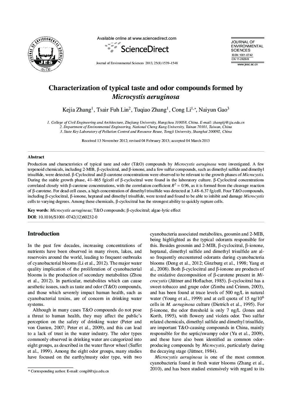 عکس صفحه اول مقاله: Characterization of typical taste and odor compounds formed by Microcystis aeruginosa Characterization of typical taste and odor compounds formed by Microcystis aeruginosa